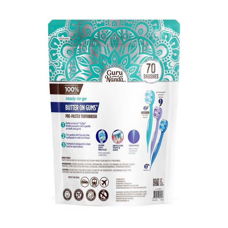 GuruNanda Ready-to-Go Disposable Mini Travel Toothbrushes - Butter on Gums