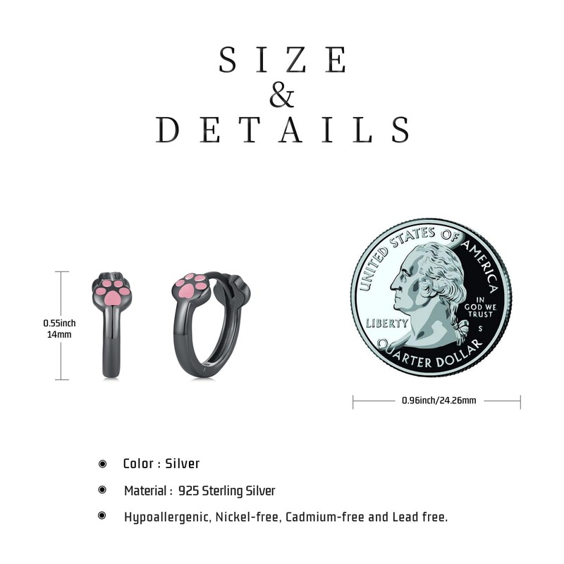 Paw Print Earrings 925 Sterling Silver Black Paw Hoop Earrings