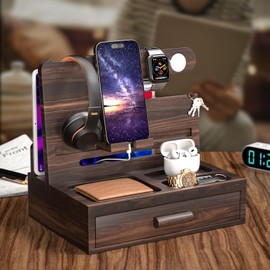 Sephyroth Wooden Phone Docking Station Nightstand Organizer Bedside Organizer Cell Phone Stand Gifts for Men, Dad Gifts for Christmas Gift for Boyfriend Gift for husband with Drawer Storage (Black)
