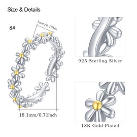 Daisy Ring 925 Sterling Silver Flower Ring Women's Flower Ring Adjustable Open Rings Finger Ring Daisy Jewellery Valentine's Day Gifts for Girls Women Children, Resin