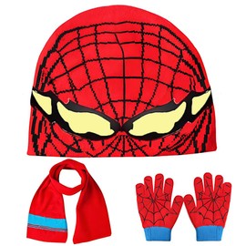 Oneser Spider Beanie Hat Scarf Gloves Set for Kids Winter Knit Beanie Cap Slouchy Knit Cap Warm Winter hat Gloves Red