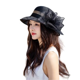 SIQITECHUK Women Wide Brim Sun Beach Travel Church Hat Kentucky Fascinator Retro Derby Tea Party Hats Summer Bucket UV Protection Cap Organza Weeding Flower Elegant Sun Cap for Outing Black