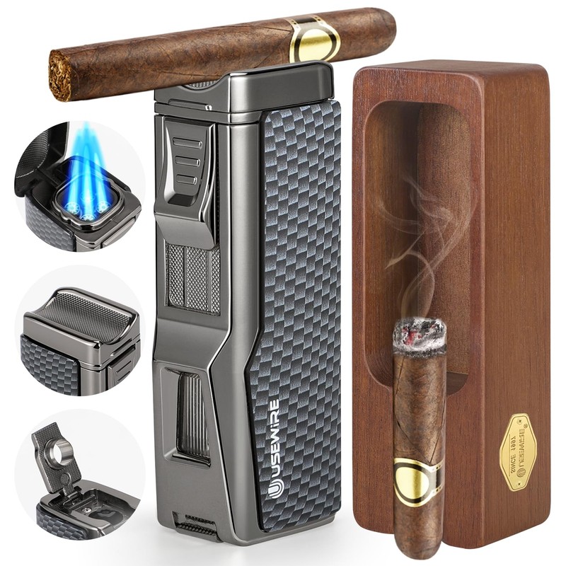 USEWIRE Cigar Lighter and Ashtray Set, Quad Windproof Jet Flame,