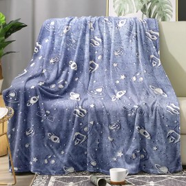 Glow in The Dark Space Blanket Rocket Spaceship Planet Themed Glowing Throw Soft Lightweight Flannel Fleece Gifts Blankets for Kids Boys Girls Teens Youth Adult (Glow in The Dark Space, 50"x60")