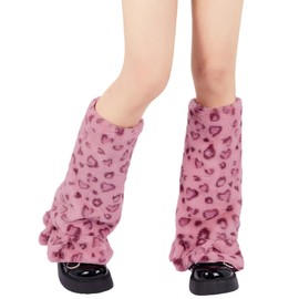 Zando Women Y2K Faux Fur Leg Warmers - Soft, Fuzzy, Fluffy Leg Warmers for Women - Winter Boot Cuffs & Costume Accessories - Pink Leopard Print - One Size