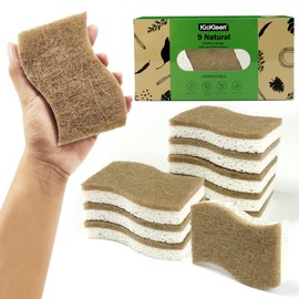 KICKLEEN 9 Pack Biodegradable Natural Kitchen Sponge - Compostable Cellulose and Coconut Walnut Scrubber Sponge - Eco Friendly Sustainable Sponges for Dishes