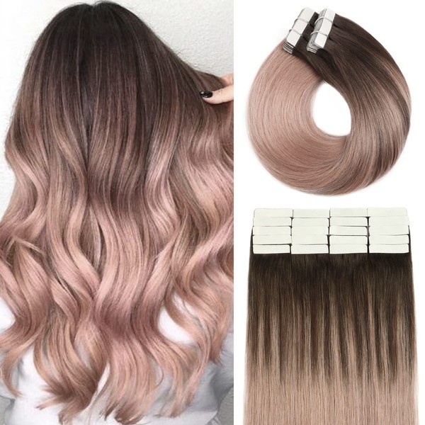 Hair Extensions Tape In Hair Extensions ombre Dark Brown Fading To Pink Gray Human hair 18In 20pcs/50g per set Human Hair Tape in extensions