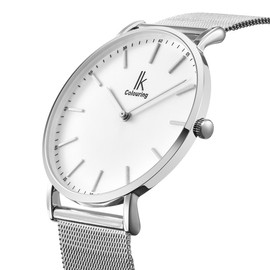 Alienwork IK Armbanduhr Herren Damen Silber Metall Mesh Armband Edelstahl Weiss Ultra-flach