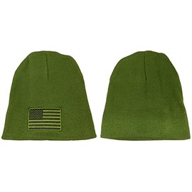 Trade Winds 8" USA Subdued Olive Green & Black Patch Embroidered Olive Knit Winter Beanie Skull Cap Hat