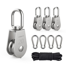 DBREAKS Stainless Steel Pulley, Rope Block with 20 mm Roller, 4 Pieces Pulley Roller + Nylon Rope + Carabiner, Pulley Roller for Ropes Steel Cable