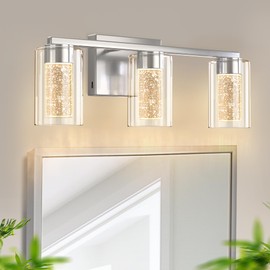 DORESshop 3-Light Brushed Nickel Bathroom Lighting Fixtures Over Mirror, LED Vanity Light for Bathroom with Crystal Bubble, White/Neutral/Warm Dimmable Vanity Lighting Fixtures with Clear Glass Shade