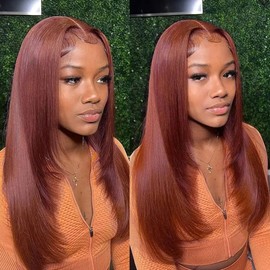 Kineko Reddish Brown Lace Front Wigs Human Hair Pre Plucked 13x4 Auburn Colored Human Hair Lace Front Wigs Straight Glueless Wigs Human Hair HD Lace Full Frontal Human Hair Wig 20 Inch