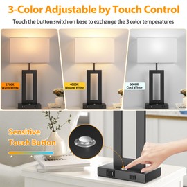 3 Color Temperatures Table Lamps for Bedrooms Set of 2, 22’’ Touch Control Bedside Nightstand Lamps with 2 USB Ports & AC Outlet, Stepless Dimmable Lamps with White Shade, Modern Decor for Living Room