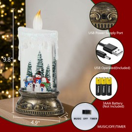 Wondise Rechargeable Musical Snow Globe Lantern with 6H Timer, Battery Operated USB Powered Lighted Snow Globe Lamp Spinning Water Swirling Glitters Holiday Decor Snowman Famliy