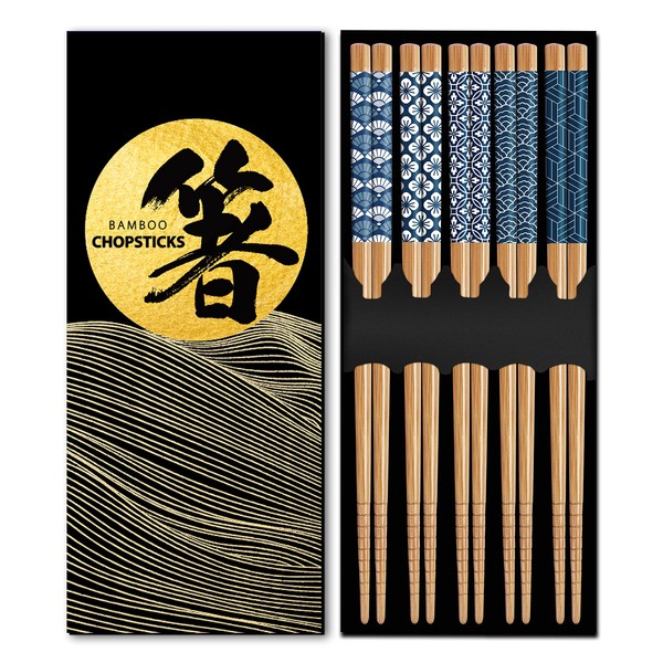 KYONANO Chopsticks, 5 Pairs Japanese Bamboo Chopsticks, Reusable Chopsticks, 23 cm Sushi Sticks, Washable Chopsticks Set for Dishwasher, Lightweight Non-Slip Cutlery