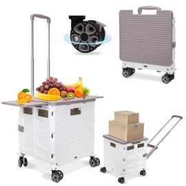 FELICON SELORSS Folding Utility Cart Rolling Crate Tote Basket Box Storage Handcart on 4 Swivel Wheels with Adjustable Handle Extended Magnetic Lid for Teacher Move Shop Travel Grocery Office(White)
