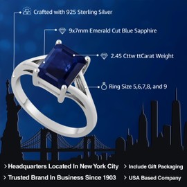 Gem Stone King 2.45 Cttw Blue Sapphire Solitaire Engagement Ring For Women | 925 Sterling Silver | Emerald Cut 9X7MM | Gemstone September Birthstone | Available in Size 5,6,7,8,9