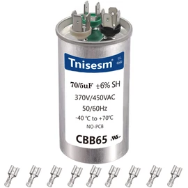 Tnisesm 70+5 uF 70/5 MFD ±6% CBB65 Capacitor Dual Run Circular Start Capacitor with 9PCS 6.3mm spade terminal for AC Motor Run or Fan Start or Condenser Straight