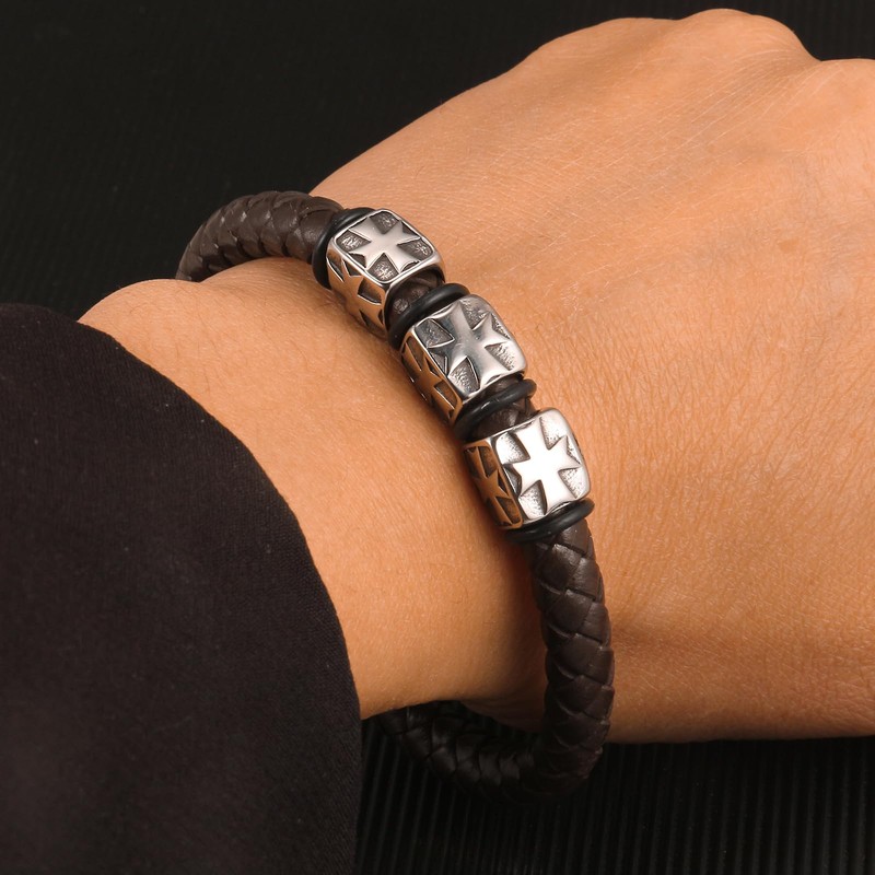 CaptainSteeL Bracelet for men-Leather Stainless Steel Black/Brown Braided Chain,Braided Leather