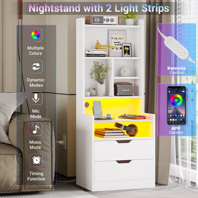 BTHFST Tall Nightstand with Charging Station and LED Lights, White
