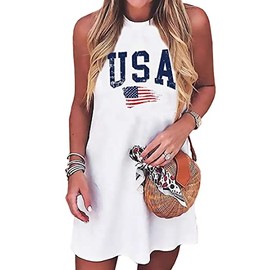 jusgai American Flag Tank Dresses for Women USA Flag Stars and Stripes Patriotic July 4th Mini Dresses Beach Sundress(White-3, X-Large)