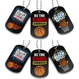 (6-Pack) Basketball Motivational Dog Tag Necklaces - Basketball Gifts in Bulk for Basketball Team Accessories - Basketball Party Favors Sports Prizes Awards for Youth Teen Boys Girls Adults Men Women