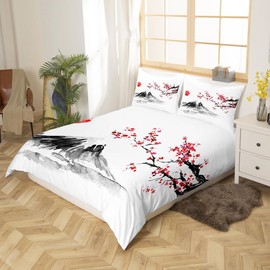 Homemissing Japanese Style Exotic Fuji Mountain Print Bedding Set for Girls Women Men Cherry Blossom 135x200cm Duvet Cover Microfiber Soft Red