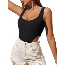 GORGLITTER Women's Tank Bodysuit Elegant Bodies Rib Knit Sleeveless Bodysuits Scoop Neck Body, black