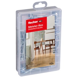 fischer Meister-Box Dowel Screws, Presorted Assortment Box with 112 Screws, Suitable for Many Dowels Incl. DuoPower, DuoBlade and Many More, Universal Set for Mounting Work