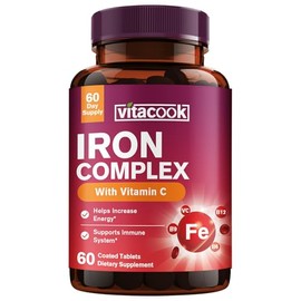 Vitacook Iron Supplement 65mg for Women & Men, Ferrous Bisglycinate Chelate, Vitamin C, A, E, B6, B12, Spinach & Beet Root Powder, for Blood Flow & Energy Support,120 Vegan Capsule