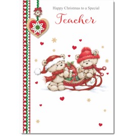 doodlecards Teacher Christmas Card Two Cute Bears on Sled Medium Size Christmas Card for Teacher with Plain Envelope