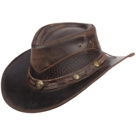 Scippis Lyndon Leather Hat Men Women - Western Hat Made of Cowhide Leather with Concho Hat Band - Quilted Crown & Chin Strap Eyelets - Cowboy Hat Vintage Look - Outdoor & Festival, brown, L