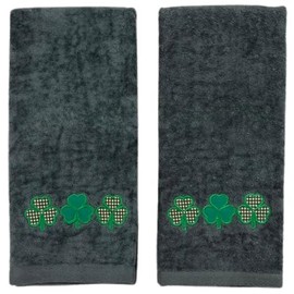 St. Patrick's Day Irish Kitchen Bath Guest Hand Towels: Soft Absorbent Embroidered Triple Green and White Shamrocks Clovers Design on Grey Gray, 16" x 25", 100% Terry Velour Cotton Oeko-TEX Certified