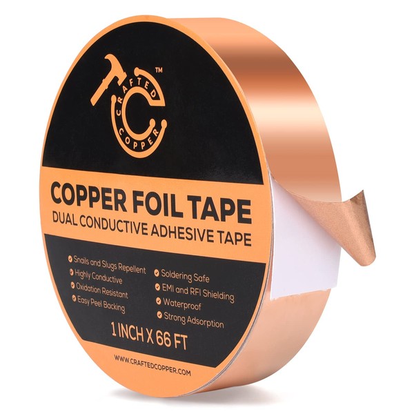 Conductive Copper Tape 100% Pure Double Sided Adhesive Copper Foil Tape for Stained Glass, Guitars, EMI Shielding, Electric Connections, Repairs, Grounding, Crafts (1inch x 66FT)