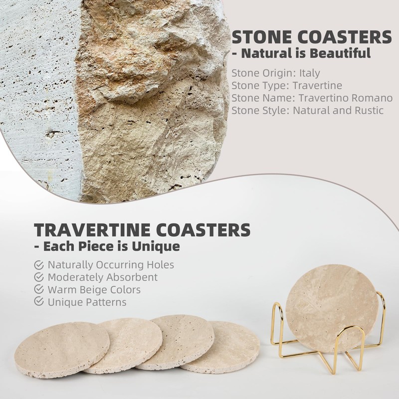 YONGHEE Italian Travertine Coasters Set of 5 with Holder, Round