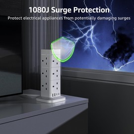 Tower Extension Lead with USB Slots, Hotimy 12 Way Extension Tower Surge Protection with 4 USB Slots (2 Type C & 2 USB A) Multi Plug Tower Power Strip 3250W 13A Extension Cord 2M for Phone,Tablet, TV