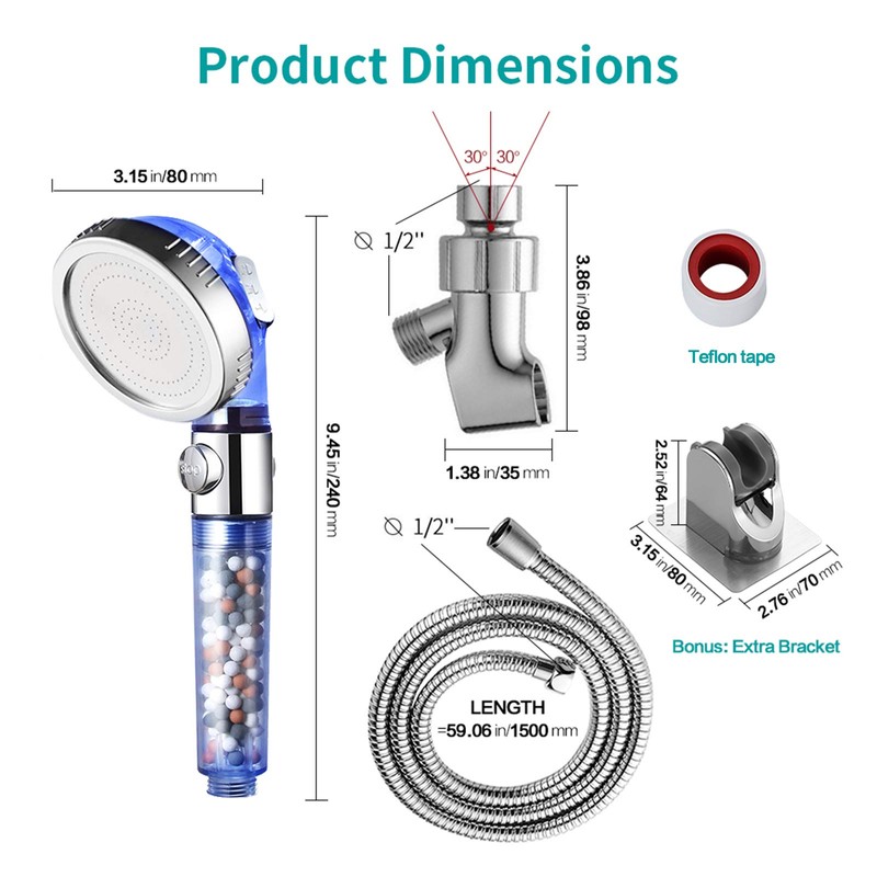 MIAOHUI Blue Zenbody Shower Head with Filter Beads, 3 Modes