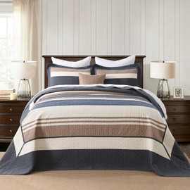 DDUOXIN Oversized King Bedspread - 120" W x120 L Extra Wide 100% Cotton Oversize Quilt, California Quilts with 2 Pillow Shams, Modern Stripe Lightweight Bedding Set, Dark Blue/Blue/Beige/Brown