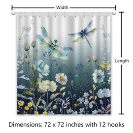 APROPHIC Shower Curtain Blue Shower Curtains Animals 180 x 180 cm Shower Curtain Waterproof Dragonfly Washable Flowers Bathroom Curtain Shower Curtain Fabric Bathroom Accessories with 12 Hooks