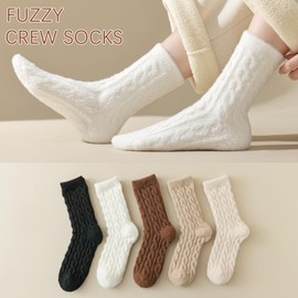 Fuzzy Crew Socks Women Warm Flully Socks Men Home Cozy Soft Sleeping Socks 5-10 Fall Winter 5 Pairs (Mixed Colors)
