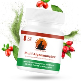 Vitalpfoten 75 Multi Algenkomplex Kapseln für Hunde und Katzen mit Chlorella, Spirulina, Grünlippmuschel, Eisen, Vitamin C & Vitamin B nutrikomplex für mehr Energie & Nerven, auch für ältere Tiere