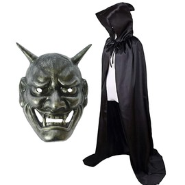 [IMPACT ONLINE] Hannya Mask, Scary Mask, Cloak Black, Cosplay, Costume Party, Silver Hannya Mask & Black Cape,