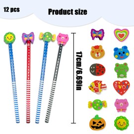 TEAONE Assorted Cute Pencils, 12 PCS Colorful Cartoon Pencil with Erasers for School Supplies, Classroom Prizes (Bulk)