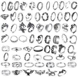 GoPaw 67 Piece Vintage Punk Rings Set for Men Women, Silver Snakes, Stackable Boho Chunky Emo Finger Rings, Knuckle for Girls, Metal, No Gemstone