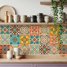 16 Pack, 5.9 Inch Terracotta and Teal Tile Stickers, Bohemian Patchwork Peel and Stick Vinyl for Backsplash, Stairs & Furniture