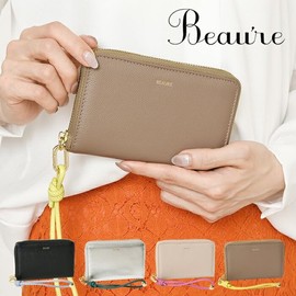 Beaure B-24097 Women's Genuine Leather Short Wallet, Middle Wallet, Round Zipper, Bifold with Hand Strap, P. Beige