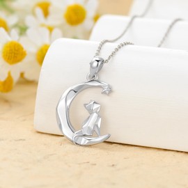 Grmdit Cat Necklace S925 Sterling Silver Origami Cat Pendant Necklace with Moon Cat Jewelry Necklace Gift for Women