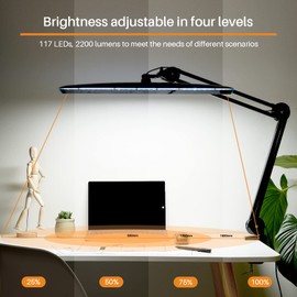bemelux Task Lamp with Clamp, Bright 117PCS LEDs, Metal Swing Arm 24W 2200 Lumen Dimmable Led Desk Lamp for Architect Home Office Study Reading Dorm Workbench Craft, 23 Inch Working Lamp(Black)