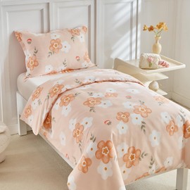 JHCHMX Cot Bed Duvet Cover Set,Orange Floral Pattern Toddler Bedding Set For Girls,Soft Reversible Duvet Cover with Pillowcase Kids Bedding Set-120x150cm