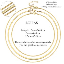 LOLIAS 3Pcs Gold Snake Chain Necklace Women Herringbone Necklace Gold Stainless Steel Choker Flat Chain Necklaces Jewellery Adjustable Gold/Silver Snake Chain 1/3MM(W) 35/40/45CM(L) for Women Girl
